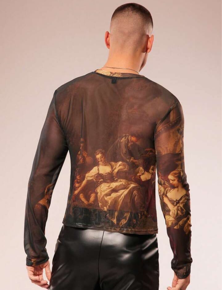 Men's Printed Floral Print Sheer Croppel Long Sleeve Tees